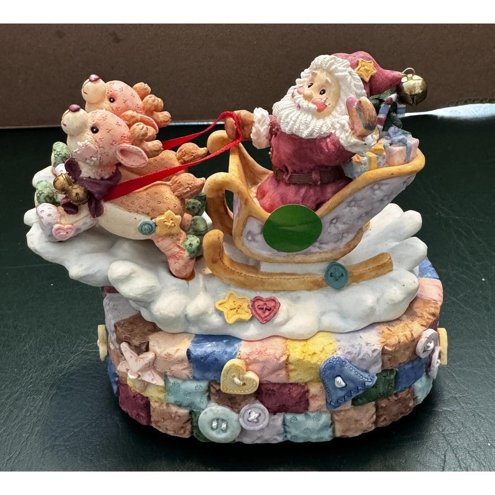 Santa Sleigh Reindeer Music Box Figurine Stitch N Button "Dashing Through Snow"